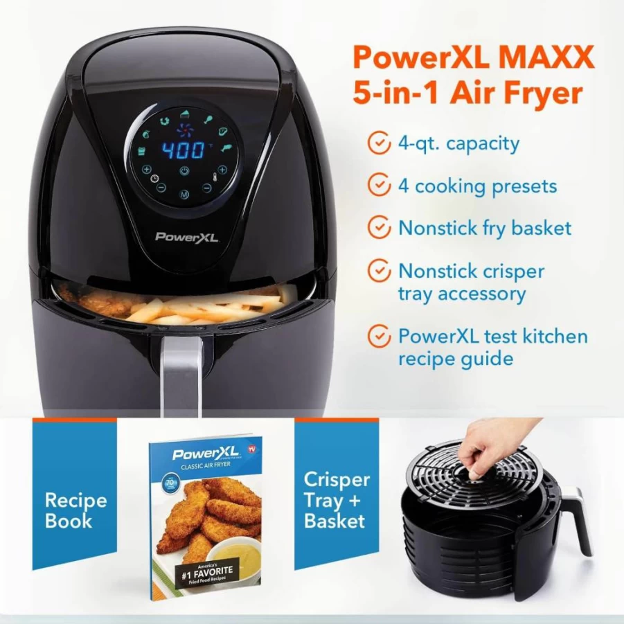 PowerXL 7 Qt Maxx Classic Air Fryer with Extra Hot Air Technology, Nonstick High Gloss Finish - Fry, Roast, Bake, Broil, Crisp - Black