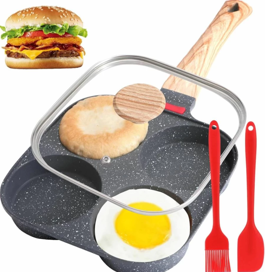 Xtujcya 4-Cup Nonstick Egg Pan with Lid - Healthy Omelette, Pancake & Egg Sandwich Skillet for Gas & Induction Stoves