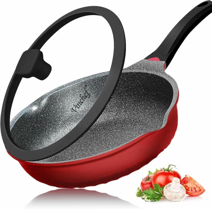 Vinchef 11-Inch Nonstick Deep Fry Pan with Lid, 5Qt Aluminum Saute Pan Induction Compatible, Heat Indicator, Scratch & Stain Resistant Cookware