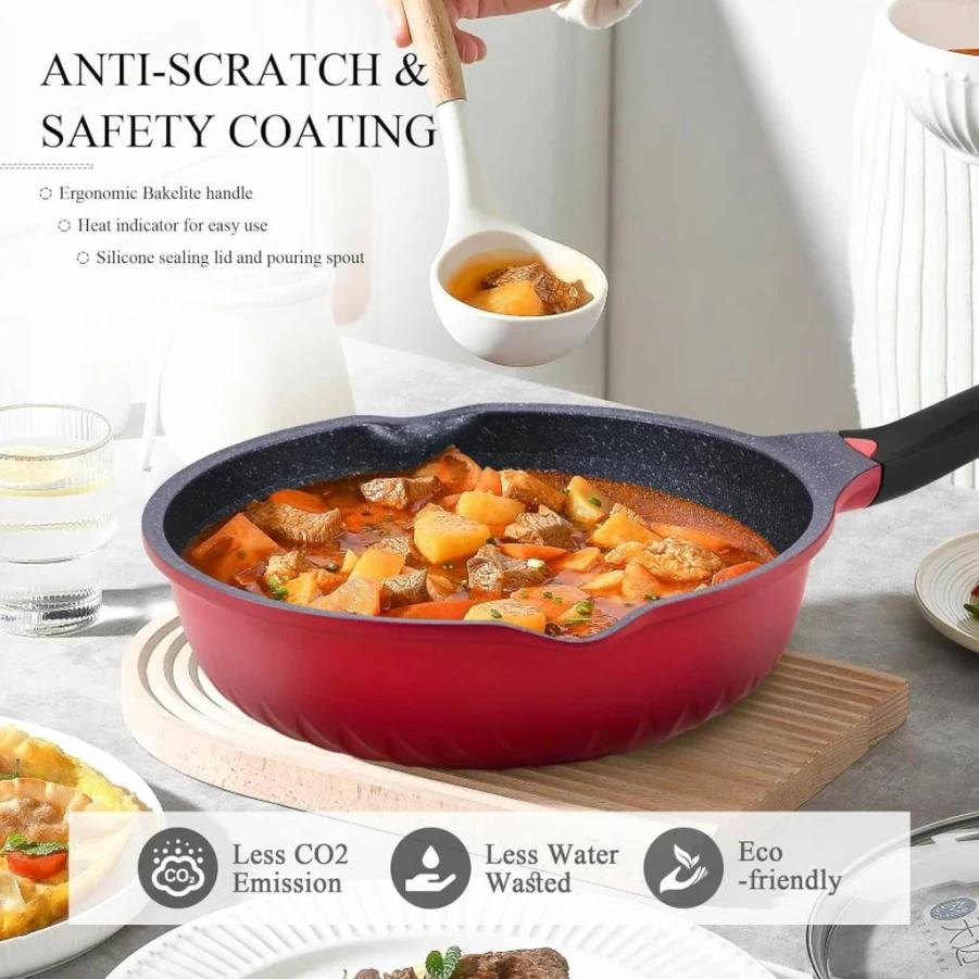Vinchef 11-Inch Nonstick Deep Fry Pan with Lid, 5Qt Aluminum Saute Pan Induction Compatible, Heat Indicator, Scratch & Stain Resistant Cookware