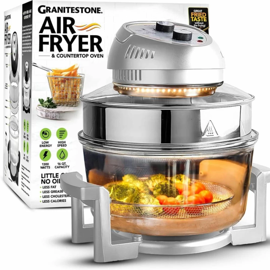 Big Boss 16Qt Extra Large 4-in-1 Air Fryer Oven with 3 Stainless Steel Cooking Racks, Non-Toxic Glass Body, No Preheat, Self-Cleaning & Dishwasher Safe for Family, Chicken, French Fries