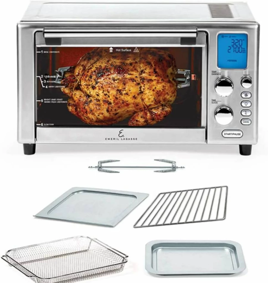 Emeril Lagasse 360 Stainless Steel Air Fryer Oven with XL Capacity, 9-in-1 Functions, 12 Presets for Baking, Rotisserie, Broiling & More