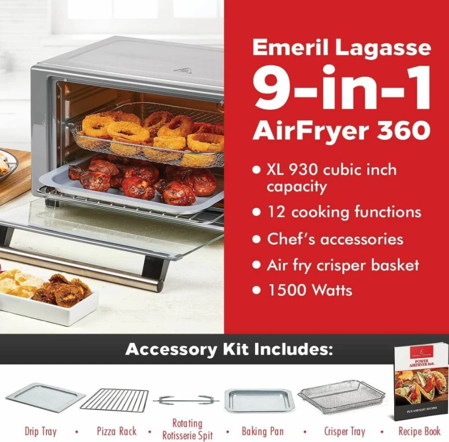 Emeril Lagasse 360 Stainless Steel Air Fryer Oven with XL Capacity, 9-in-1 Functions, 12 Presets for Baking, Rotisserie, Broiling & More