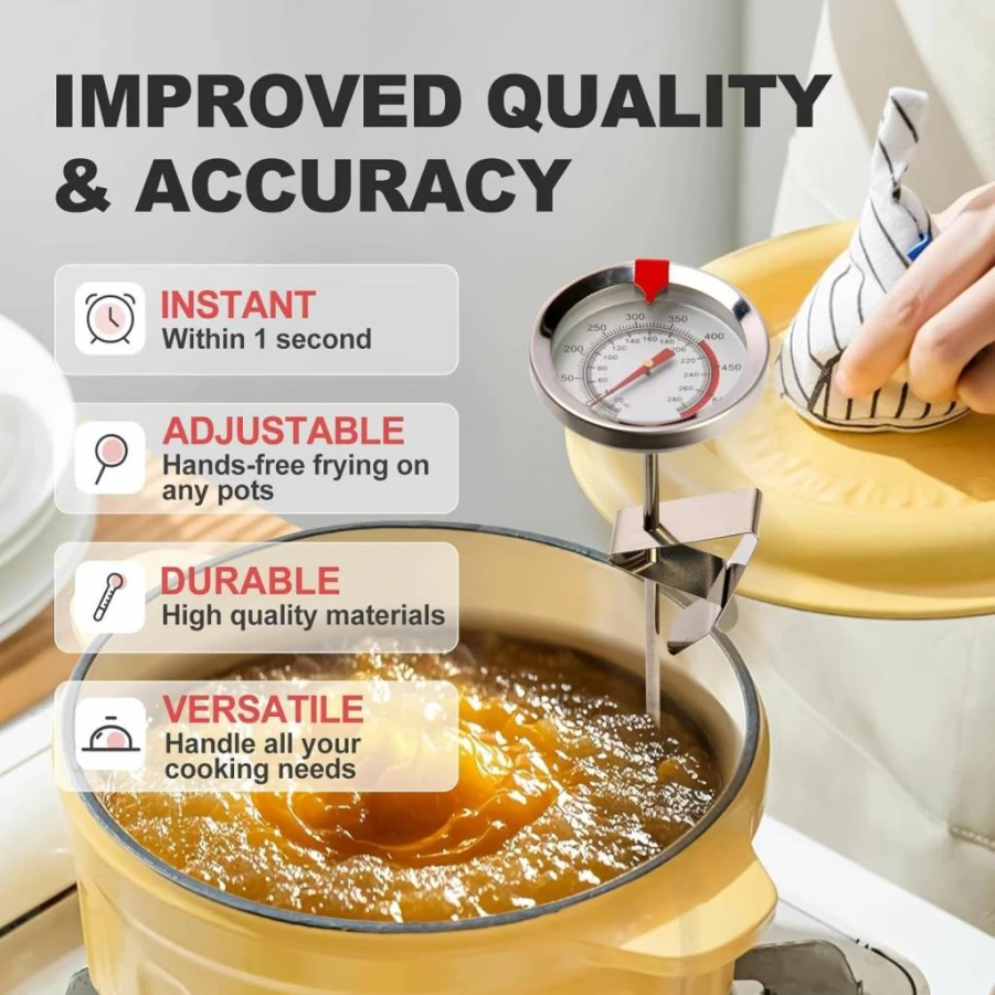 Telead 9" Waterproof Candy & Oil Thermometer with Pot Clips - Accurate Deep Fry, BBQ, Candle Making Thermometer - Silver