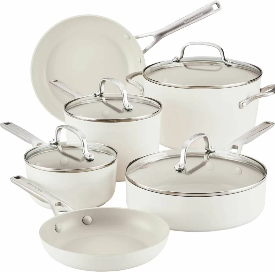 KitchenAid 9-Piece Pistachio Nonstick Cookware Set - Hard Anodized Ceramic Pots & Pans, Oven Safe to 500°F, Even Heat Distribution, Durable Fry Pans, Saucepan & Stockpot