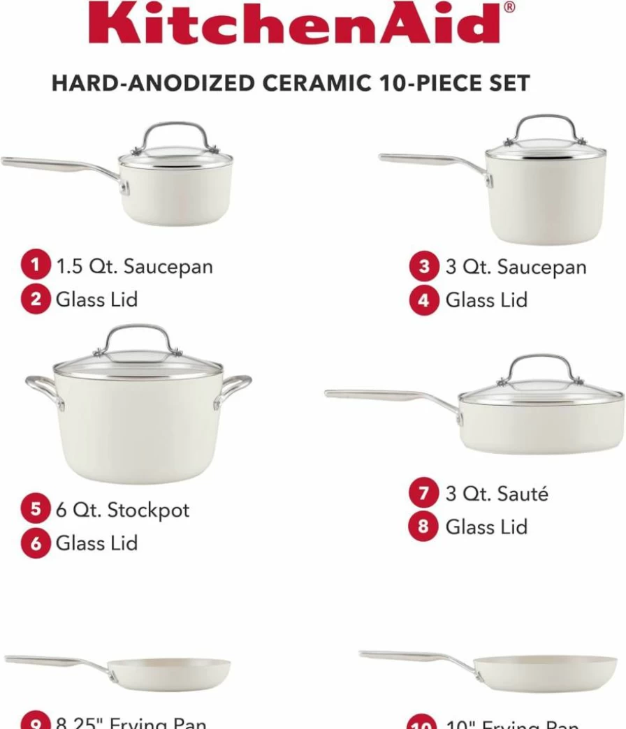 KitchenAid 9-Piece Pistachio Nonstick Cookware Set - Hard Anodized Ceramic Pots & Pans, Oven Safe to 500°F, Even Heat Distribution, Durable Fry Pans, Saucepan & Stockpot