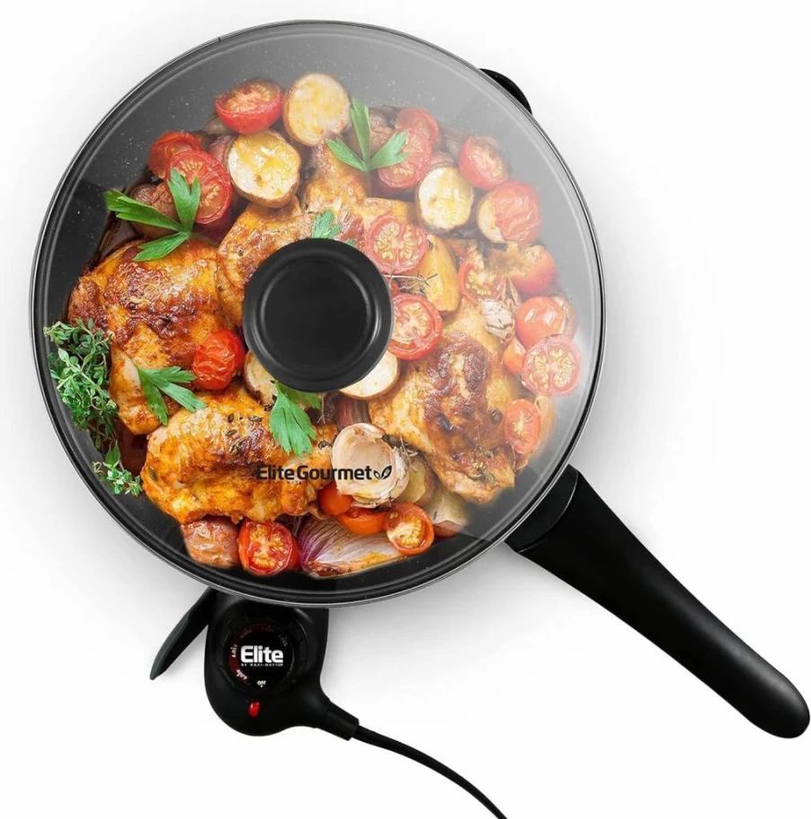Elite Gourmet EGL-6101 Electric Skillet with Non-Stick Surface, 650W Rapid Heat Stir Fry Pan & Tempered Glass Lid, Compact Red Countertop Griddle