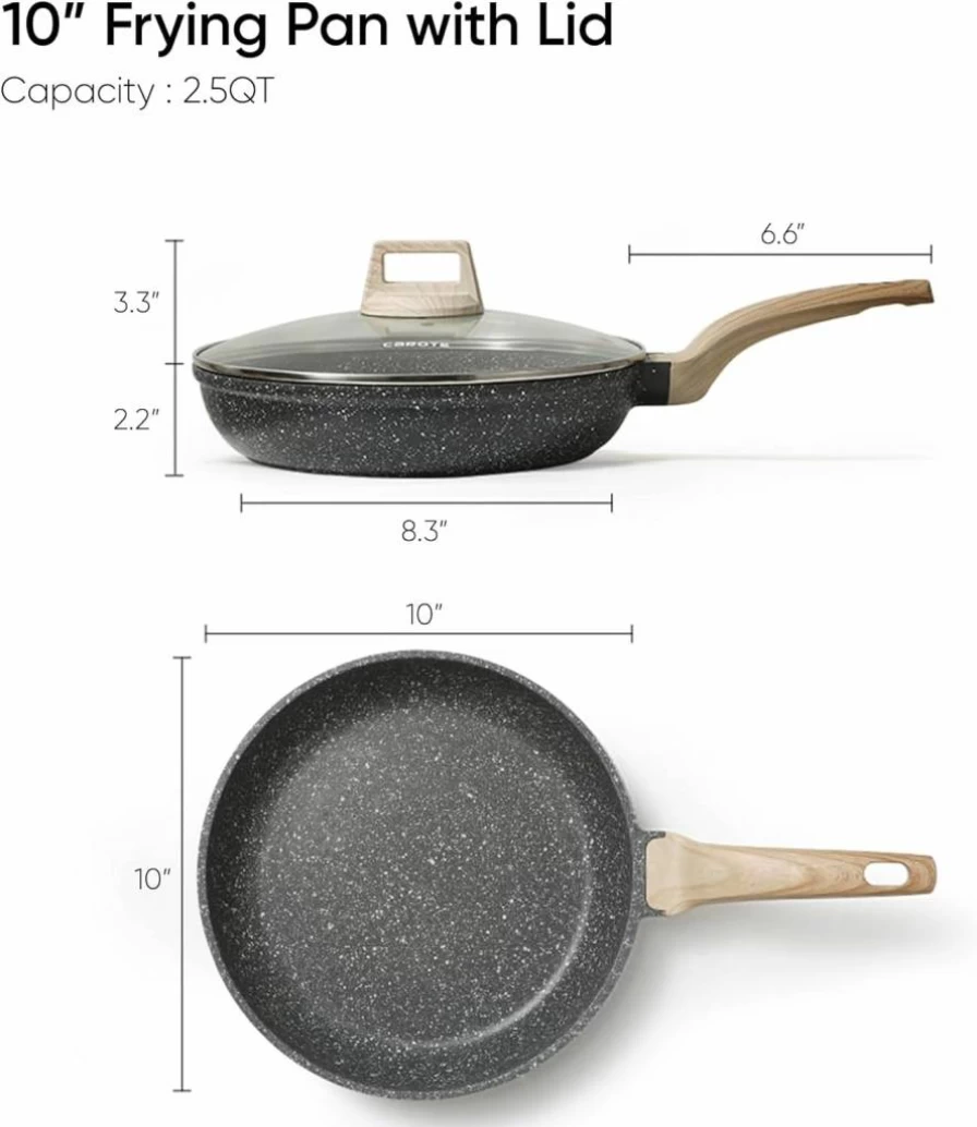 CAROTE 8-Inch Nonstick Frying Pan with Glass Lid, PFOA-Free Granite Coating Skillet for Omelets & Eggs, Non-Stick Fry Pan Cookware