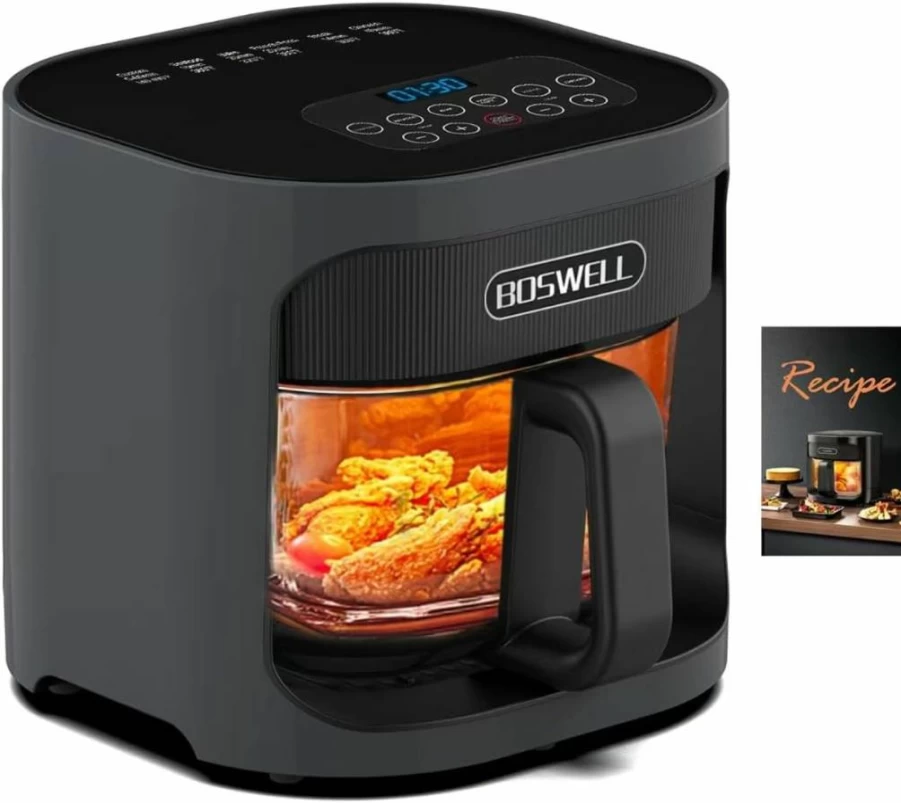BOSWELL 4.5Qt Transparent Glass Air Fryer with Circulating Heating, Non-Toxic, Large Capacity, Temperature Control & Dishwasher Safe (Black)