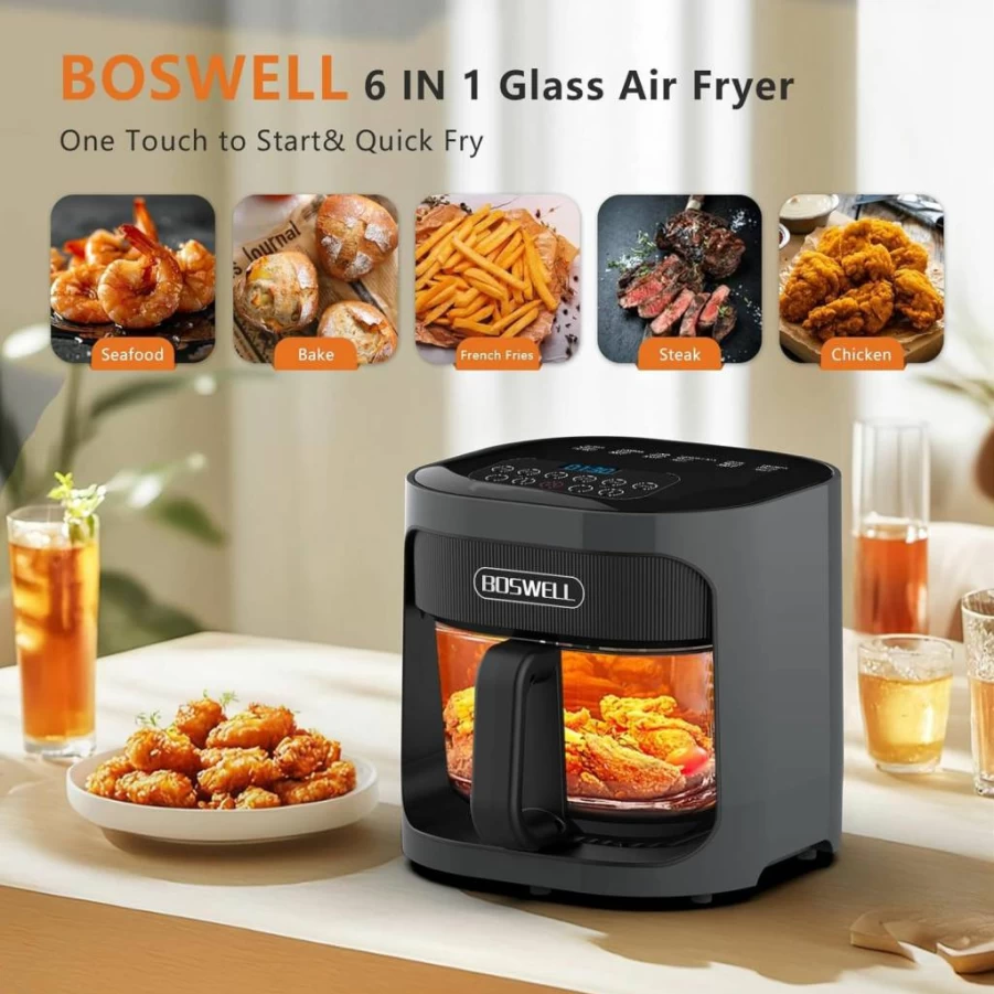 BOSWELL 4.5Qt Transparent Glass Air Fryer with Circulating Heating, Non-Toxic, Large Capacity, Temperature Control & Dishwasher Safe (Black)