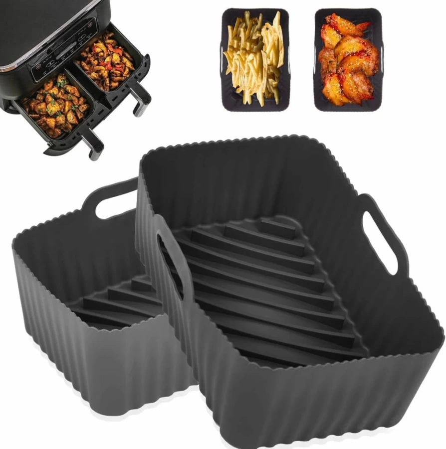 2Pcs Reusable Non-Stick Air Fryer Liners by CEGOUT for Ninja Foodi Dual DZ201, 8 Qt Basket Accessories, Dishwasher Safe Silicone Cooking Mats