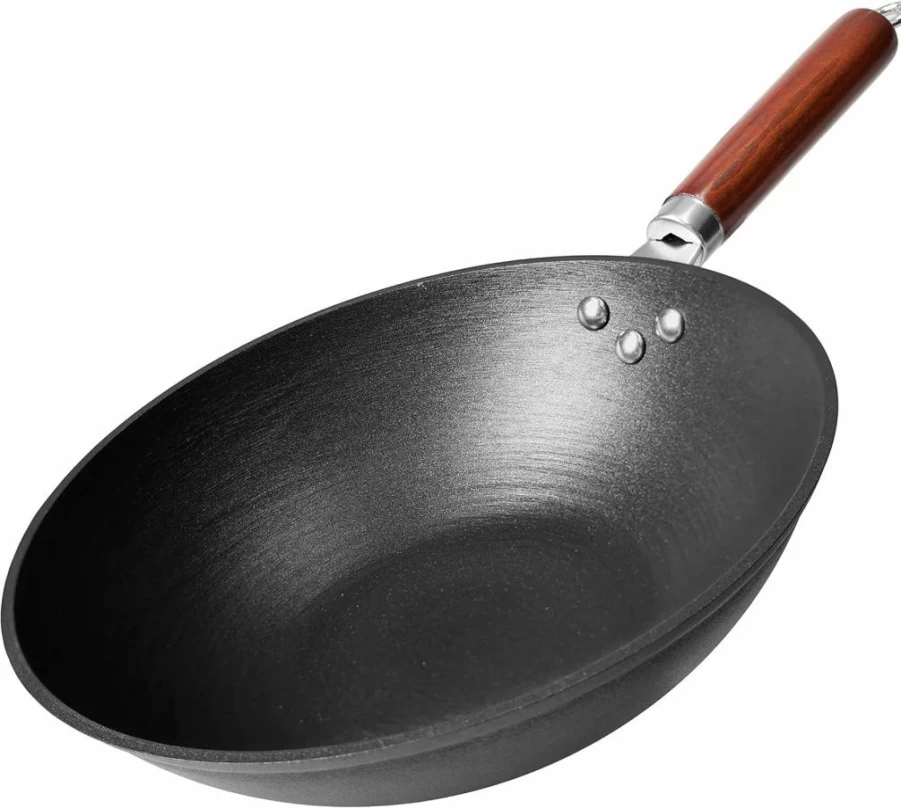 21st & Main 11 Inch Pre-Seasoned Cast Iron Wok Pan with Wooden Handle - Lightweight Nonstick Stir Fry Pan for Chinese, Japanese, Asian Cooking