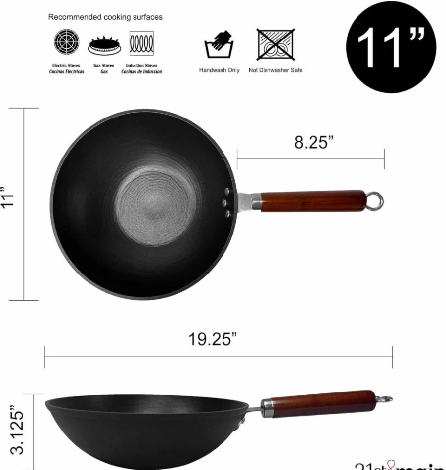 21st & Main 11 Inch Pre-Seasoned Cast Iron Wok Pan with Wooden Handle - Lightweight Nonstick Stir Fry Pan for Chinese, Japanese, Asian Cooking