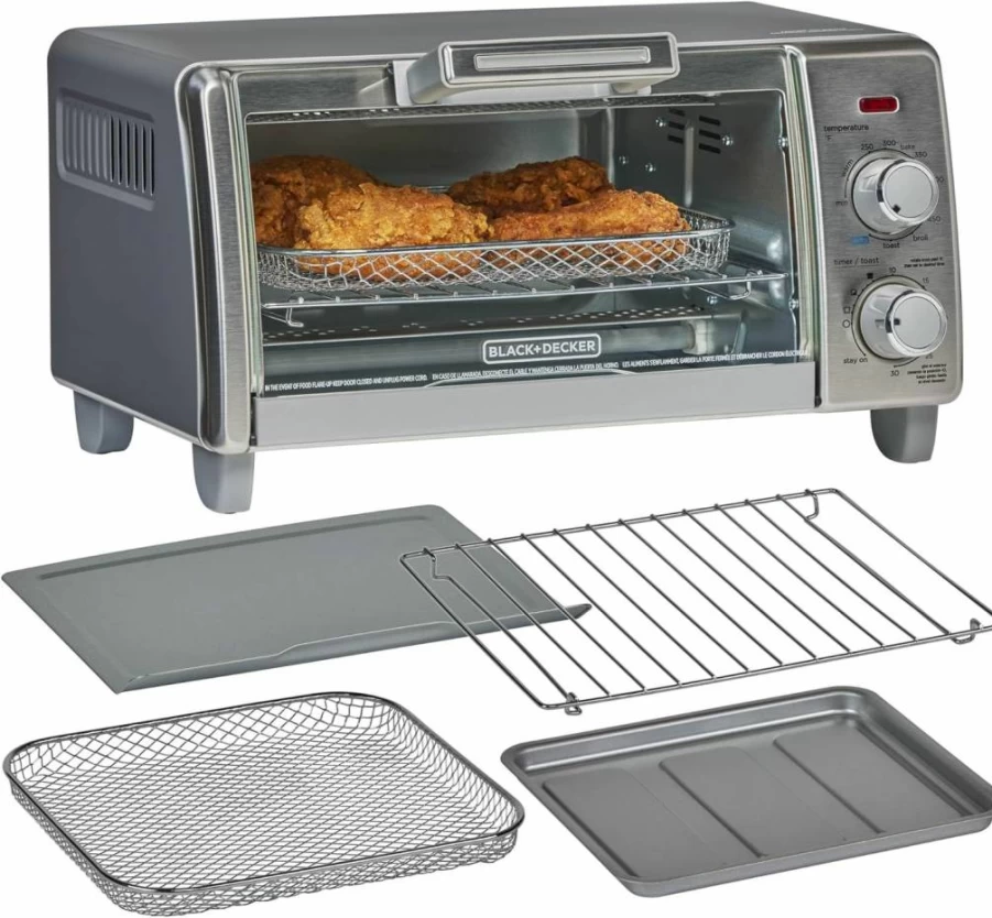 BLACK+DECKER 5-in-1 Air Fryer Toaster Oven with Convection, Medium 4-Slice Capacity, 9" Pizza Fit, Bake Broil Toast Warm Functions, 30-Min Timer, Stainless Steel Countertop Oven