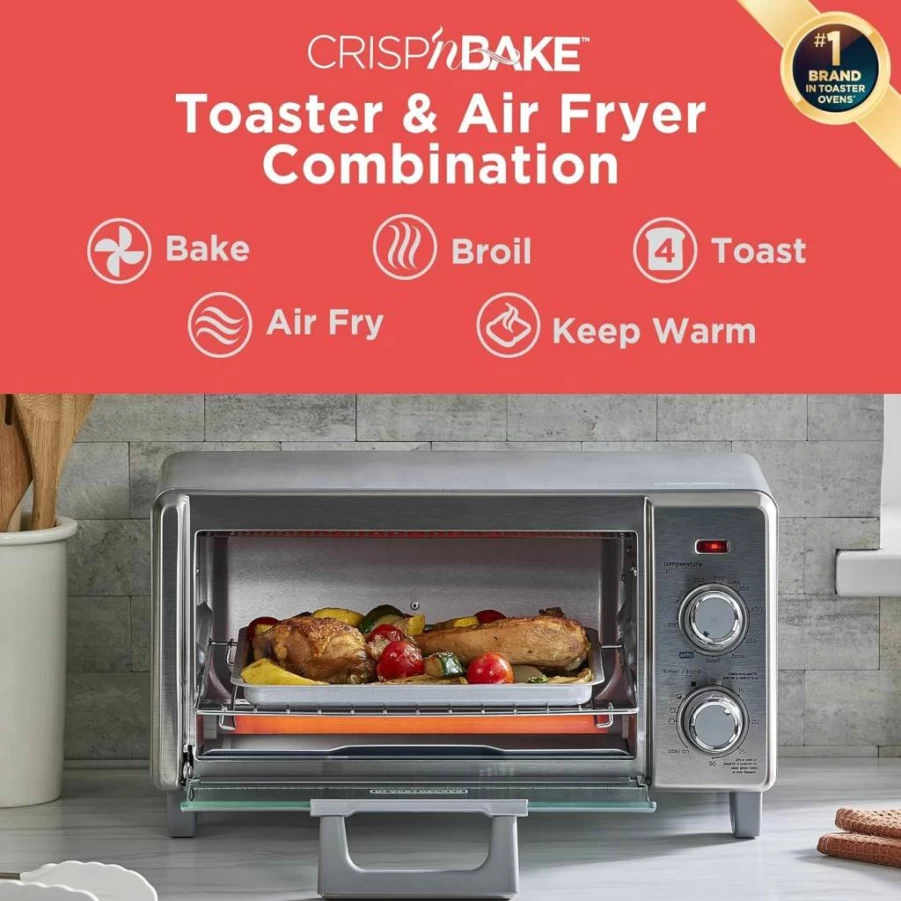 BLACK+DECKER 5-in-1 Air Fryer Toaster Oven with Convection, Medium 4-Slice Capacity, 9" Pizza Fit, Bake Broil Toast Warm Functions, 30-Min Timer, Stainless Steel Countertop Oven
