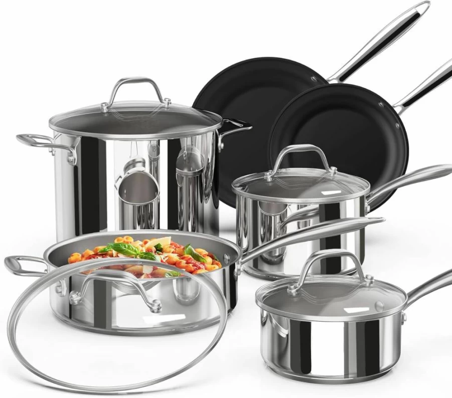 Ciwete 10-Piece Tri-Ply Stainless Steel Cookware Set with Copper Base, Induction Compatible Pots and Pans Set Includes Stock Pot, Saucepan, Frying Pan with Stainless Steel Lids