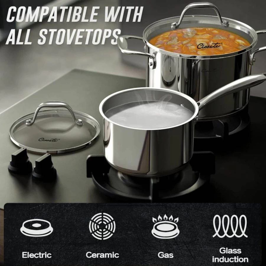 Ciwete 10-Piece Tri-Ply Stainless Steel Cookware Set with Copper Base, Induction Compatible Pots and Pans Set Includes Stock Pot, Saucepan, Frying Pan with Stainless Steel Lids