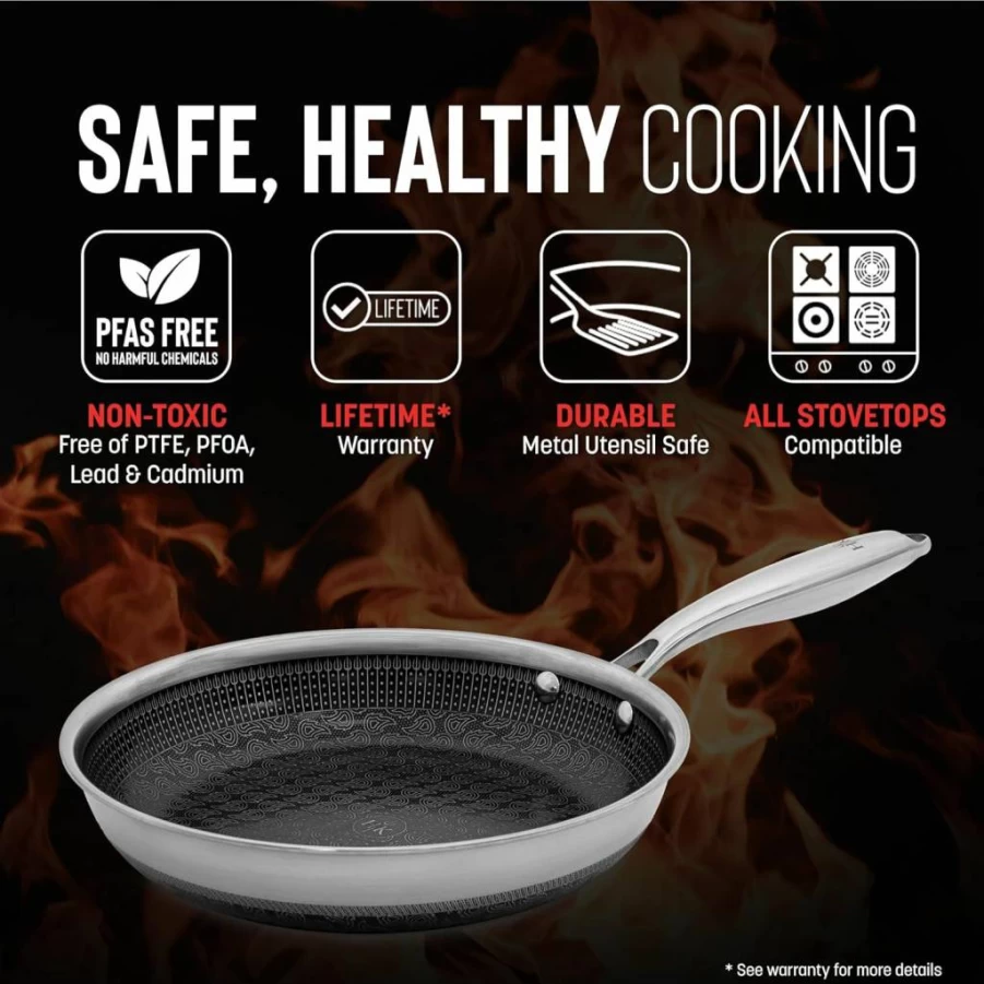 Hell's Kitchen 11" Hybrid Frying Pan - Tri-Clad Stainless Steel & Ceramic Nonstick, PFAS/PFOA/PTFE/Teflon Free, Metal Utensil & All Cooktops Safe, Oven Safe Cookware