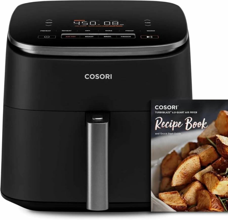 COSORI TurboBlaze 6-Quart Air Fryer, 9-in-1 Functions with Fast Turbo Modes, Precise 90°F-450°F Temperature Control, Roast, Bake, Reheat, Broil, Compact Design for Even Cooking, 120V, Grey
