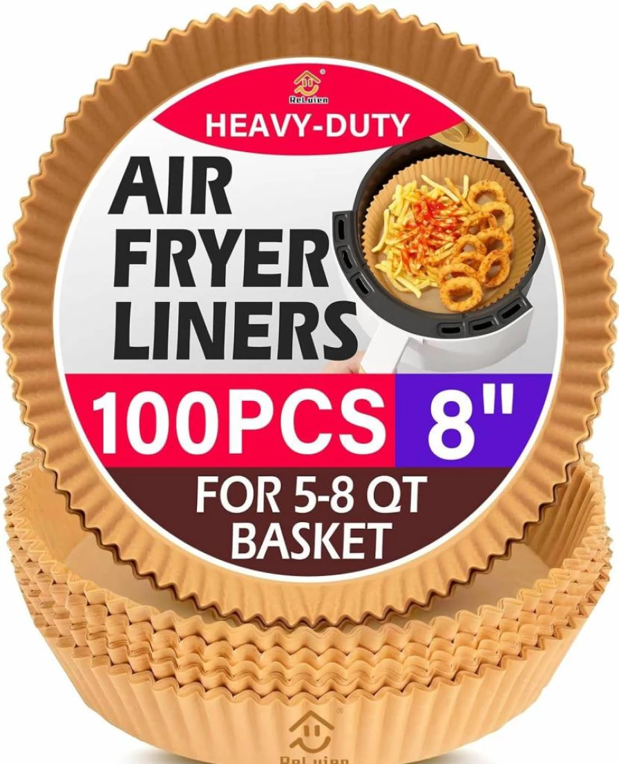 ReLuien 100Pcs 8 Inch Air Fryer Liners, Non-Stick Parchment Paper Rounds for 5-8Qt Air Fryer, Microwave Safe, Disposable & Oil Resistant Baking Sheets for Roasting