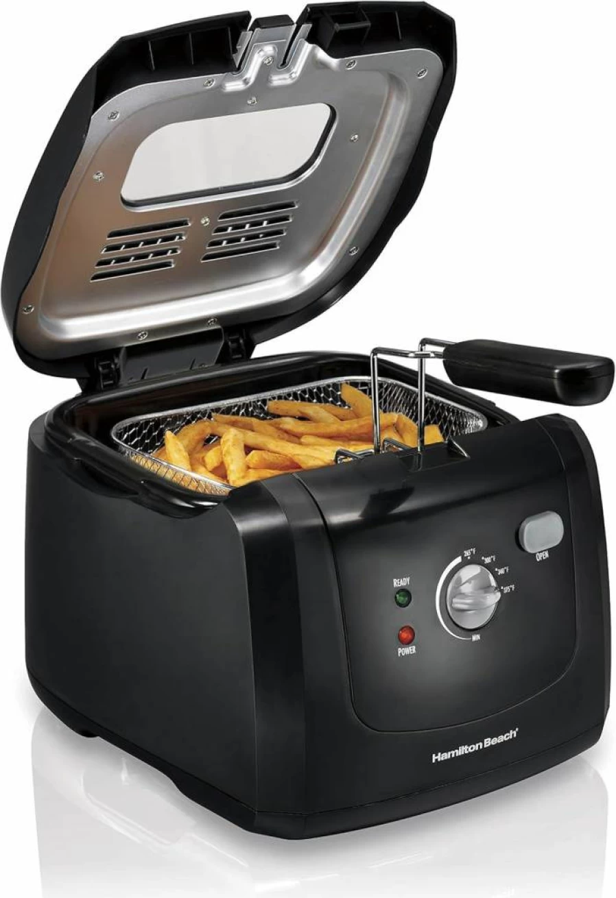 Hamilton Beach 1500W Electric Deep Fryer with Cool-Touch Exterior, 2L Oil Capacity, Adjustable Temp, View Window & Easy-Clean Basket, Black (35021)