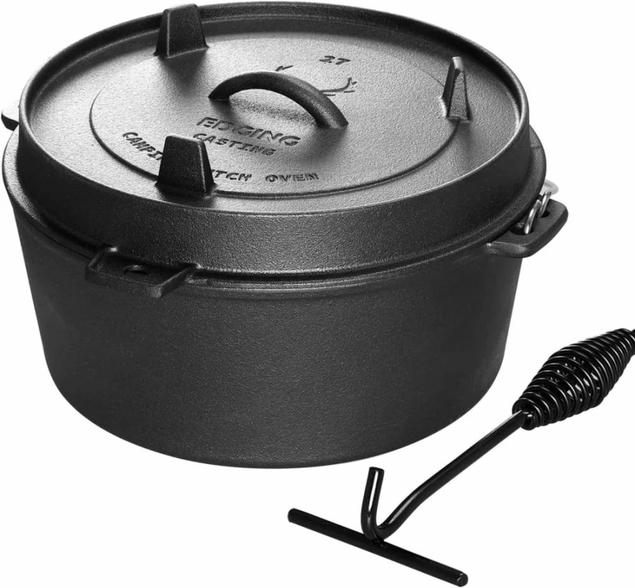 EDGING CASTING Pre-Seasoned 4.5 Quart Cast Iron Dutch Oven with Skillet Lid – Camping, BBQ, Baking, Outdoor Fireplace Cooking Pot with Leg Base