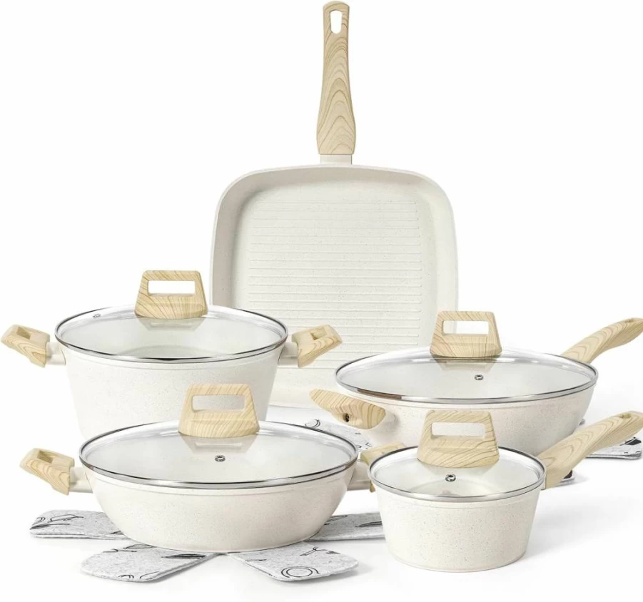 12-Piece SODAY Nonstick Cookware Set, PFAS/PFOA/PFOS-Free White Granite Induction Pots and Pans Kit with Frying Pans, Saucepans & Steamer