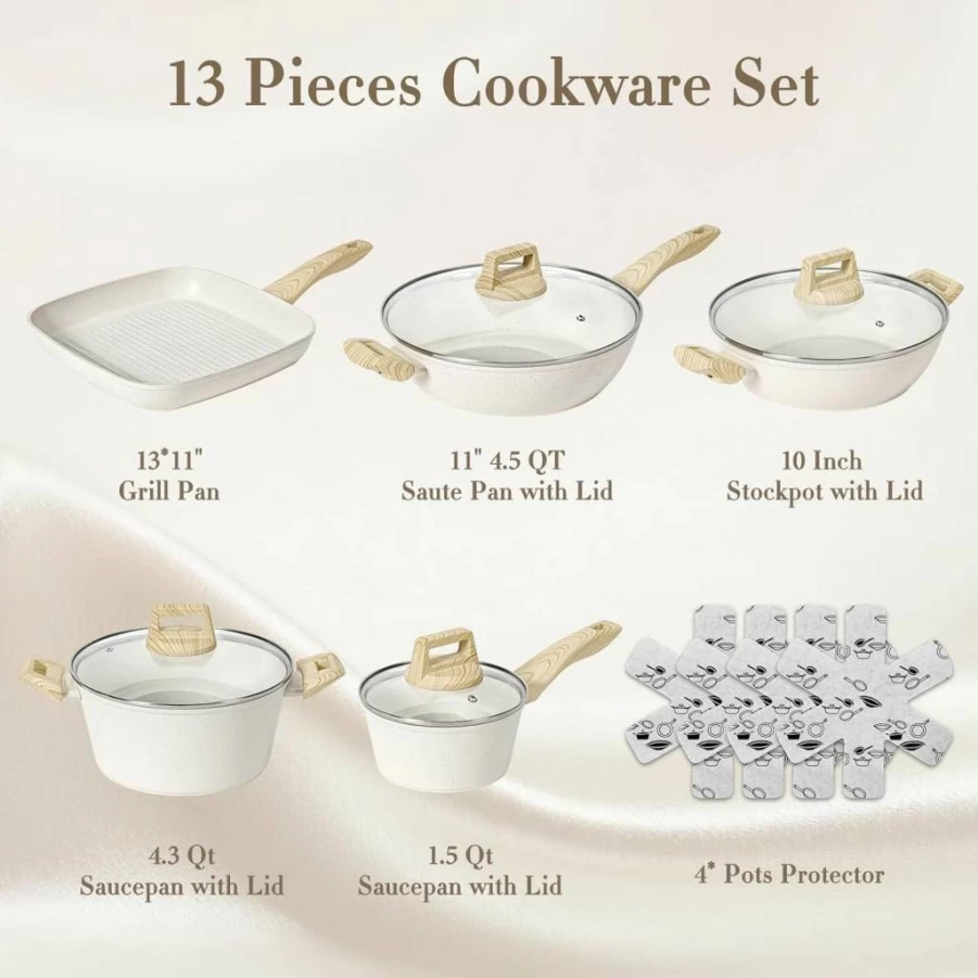 12-Piece SODAY Nonstick Cookware Set, PFAS/PFOA/PFOS-Free White Granite Induction Pots and Pans Kit with Frying Pans, Saucepans & Steamer