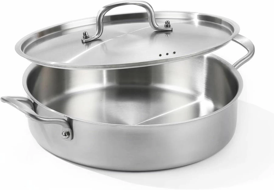 Yeksum 12-Inch Stainless Steel Saute Pan with Lid, 7 Quart Tri-Ply Deep Frying Pan, Rondeau Pot for All Cooktops, Oven Safe Up to 600°F