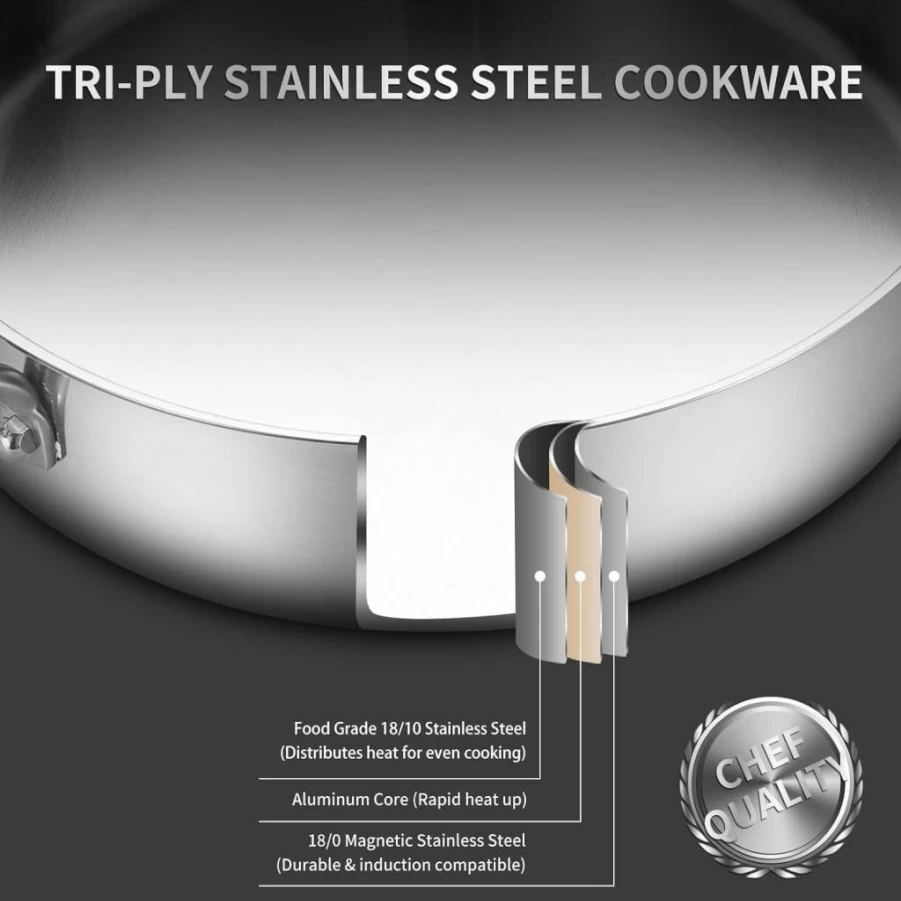 Yeksum 12-Inch Stainless Steel Saute Pan with Lid, 7 Quart Tri-Ply Deep Frying Pan, Rondeau Pot for All Cooktops, Oven Safe Up to 600°F