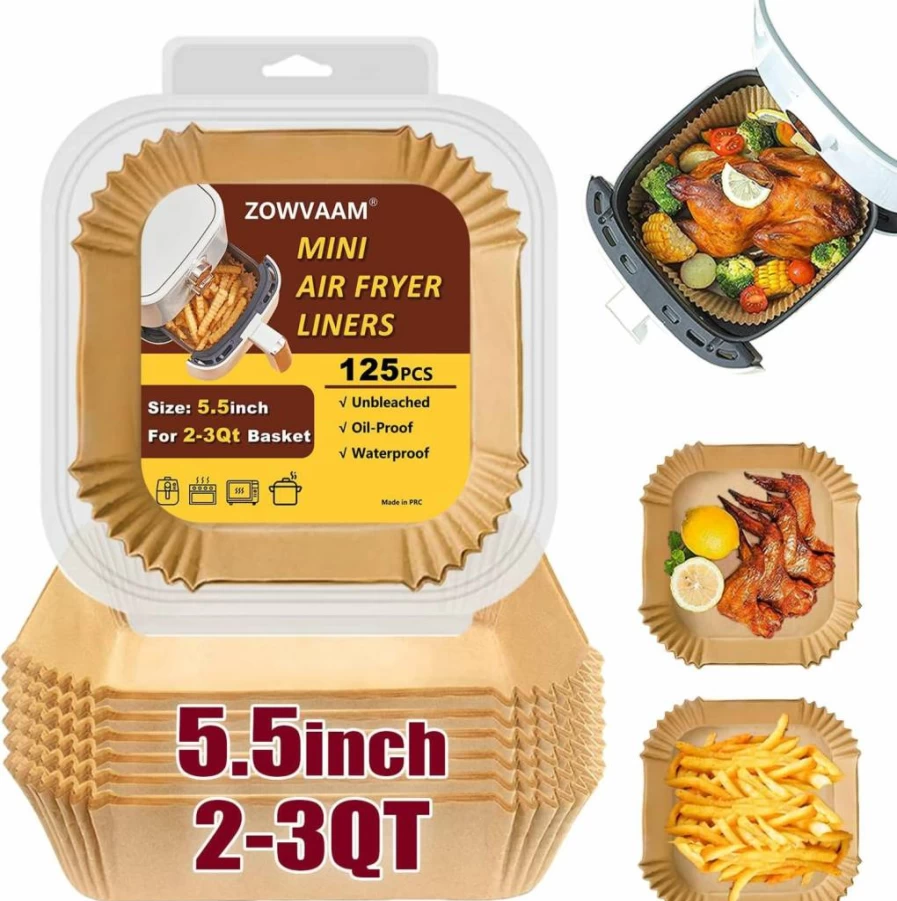 ZOWVAAM 5.5-Inch Square Air Fryer Paper Liners, 125-Pack, Compatible with 2-3 Quart Mini Air Fryers, Disposable Non-Stick Parchment Sheets for Easy Cleanup