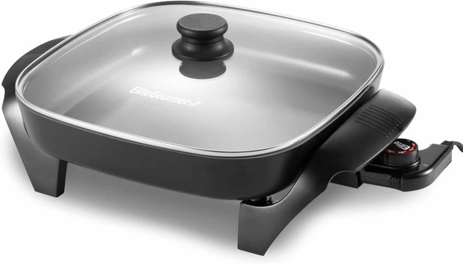 Elite Gourmet 12" Ceramic Electric Skillet – PFAS-Free, Dishwasher Safe, 1200W Rapid Heating, Dark Grey Non-Toxic Cookware