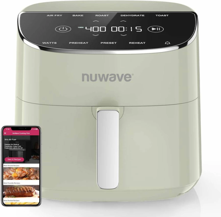 Nuwave Brio Plus 8 Qt Air Fryer with 7 Digital Functions - Air Fry, Bake, Roast, Dehydrate, Toast - PFAS-Free, 150 Presets, 50°F-400°F, 1800W, New & Improved Model