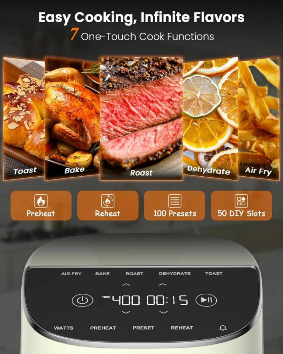 Nuwave Brio Plus 8 Qt Air Fryer with 7 Digital Functions - Air Fry, Bake, Roast, Dehydrate, Toast - PFAS-Free, 150 Presets, 50°F-400°F, 1800W, New & Improved Model