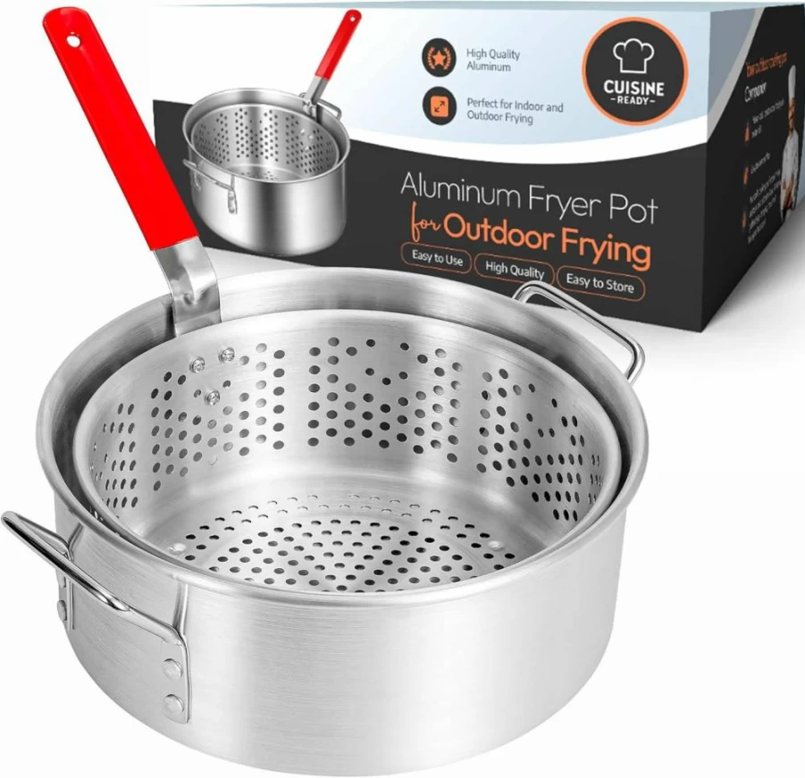 Cuisine Ready 10Qt Aluminum Deep Fryer Pot with Basket - Outdoor Oil Fryer for Chicken, Fish, Seafood, Turkey, French Fries - Heavy Duty Frying Pan with Handle