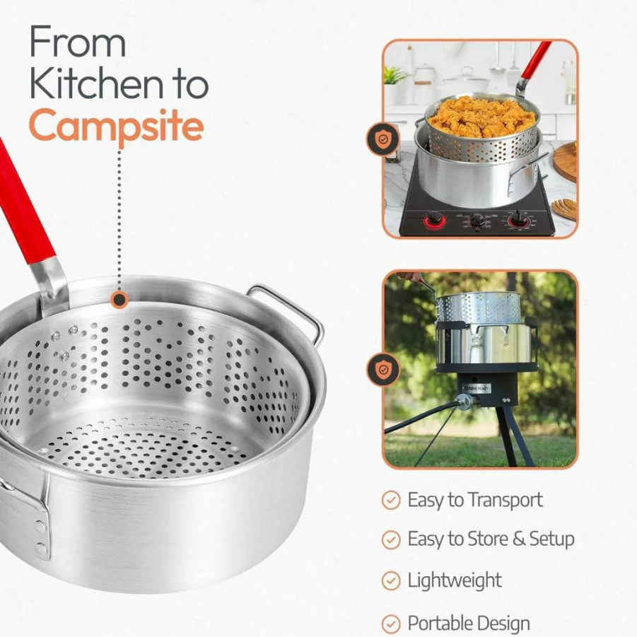 Cuisine Ready 10Qt Aluminum Deep Fryer Pot with Basket - Outdoor Oil Fryer for Chicken, Fish, Seafood, Turkey, French Fries - Heavy Duty Frying Pan with Handle