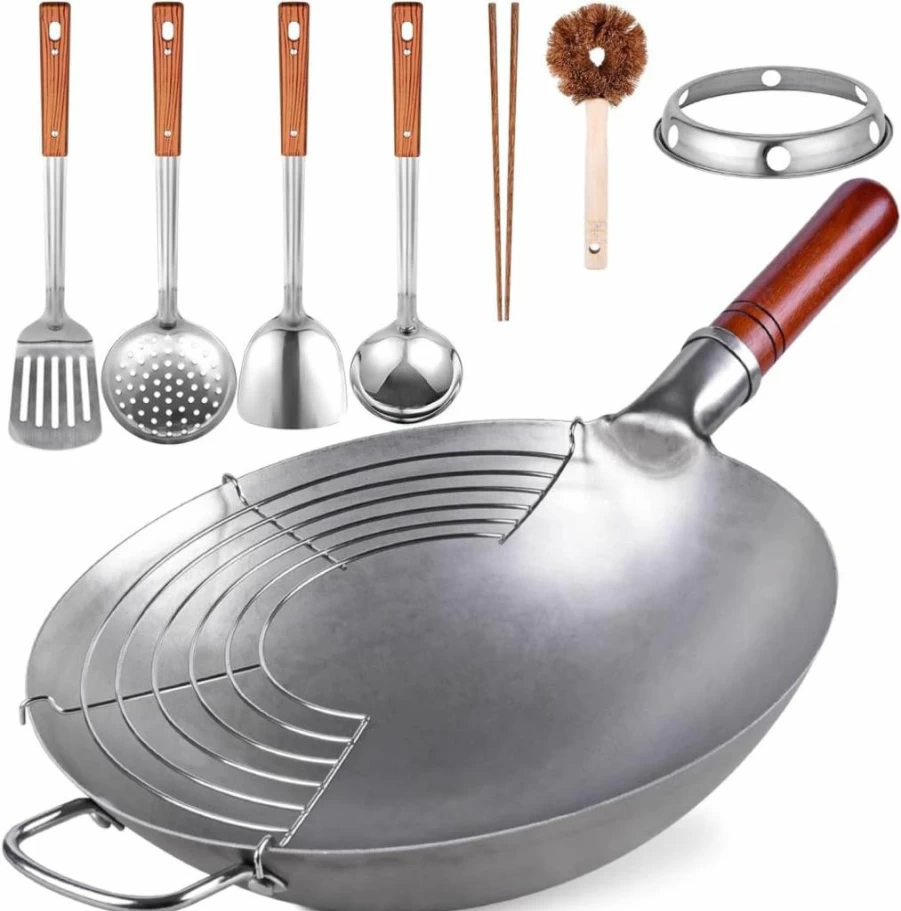 Teewe 13.4" Hand Hammered Carbon Steel Round Bottom Wok Pan Set - Traditional Chinese Wok with 8-Piece Cookware Accessories for Stir-Fry & Cooking