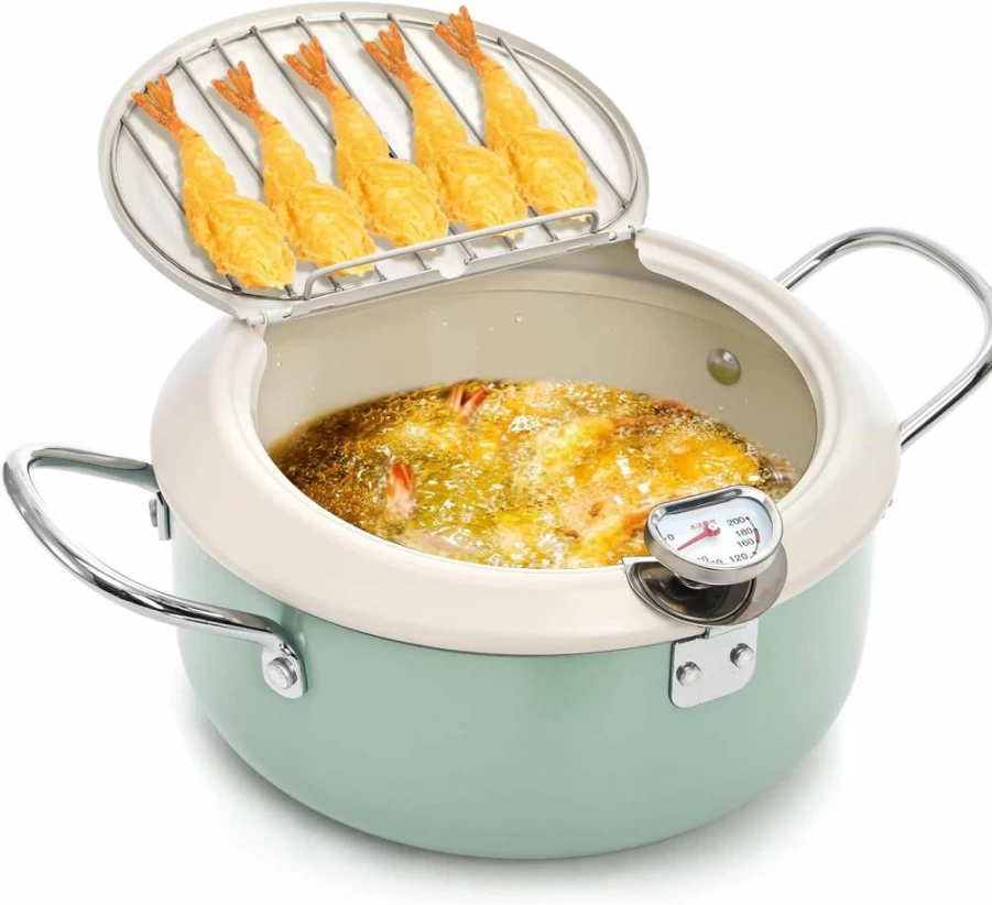 ZOOFOX Non-Stick Deep Fryer Pot with Lid, Thermometer & Oil Drain Rack - Japanese Tempura Fryer for Chicken, French Fries, Seafood