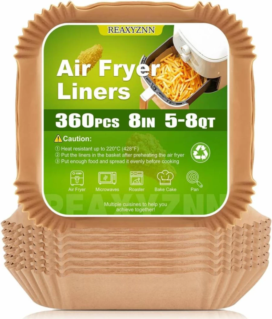 REAXYZNN 8 Inch Air Fryer Parchment Paper Liners, 360Pcs Disposable Oil-Proof Square Baking Sheets for 5-8 QT Air Fryers, Microwave Safe, Non-Stick Cooking Liners for Roasting & Baking