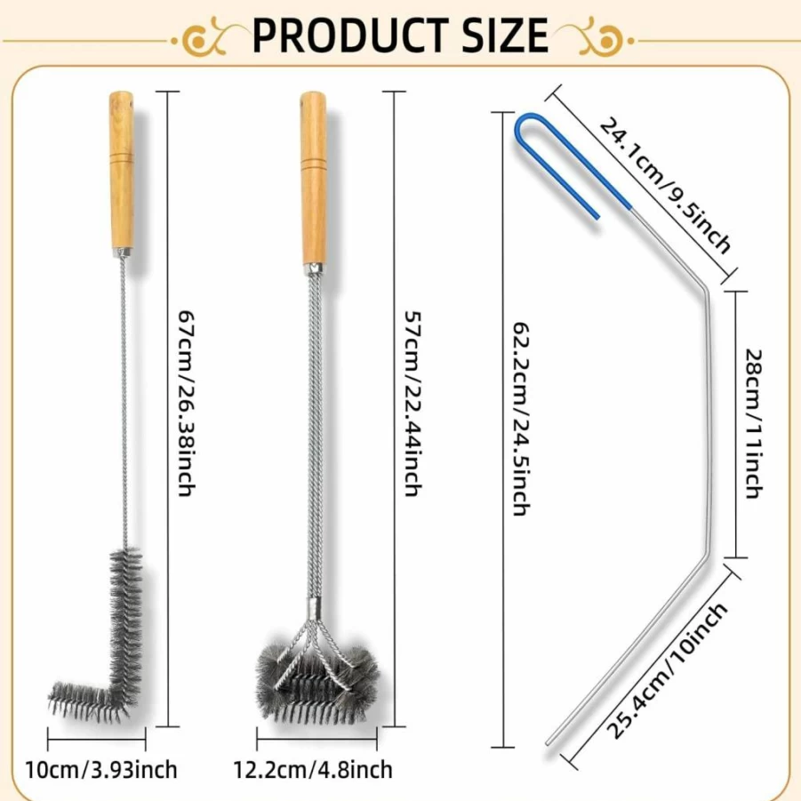 GOSR 3-Piece Stainless Steel Deep Fryer Cleaning Kit with Basket Brush, L-Shape Brush, and Cleanout Rod for Air Fryers and Deep Fryers