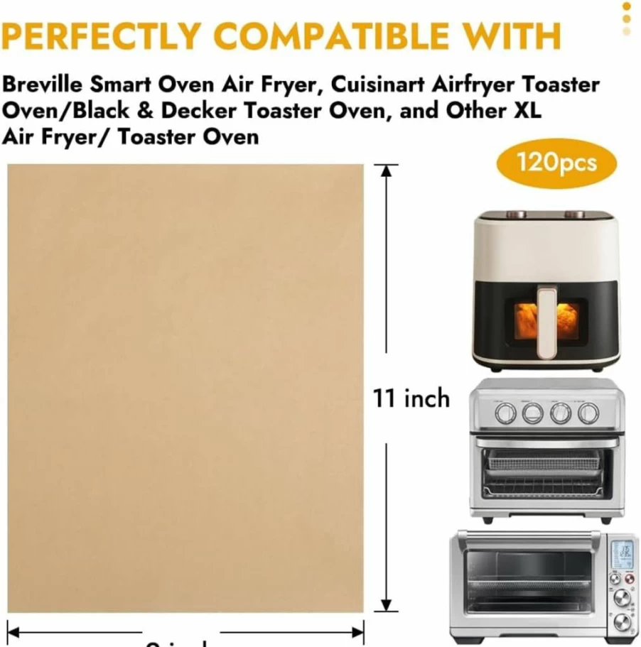 BYKITCHEN 120-Pack Disposable Air Fryer Parchment Paper Liners, 11x9 Inches, Compatible with Breville Smart Oven, Cuisinart, Black+Decker, Ninja, and Most Air Fryer Toaster Ovens