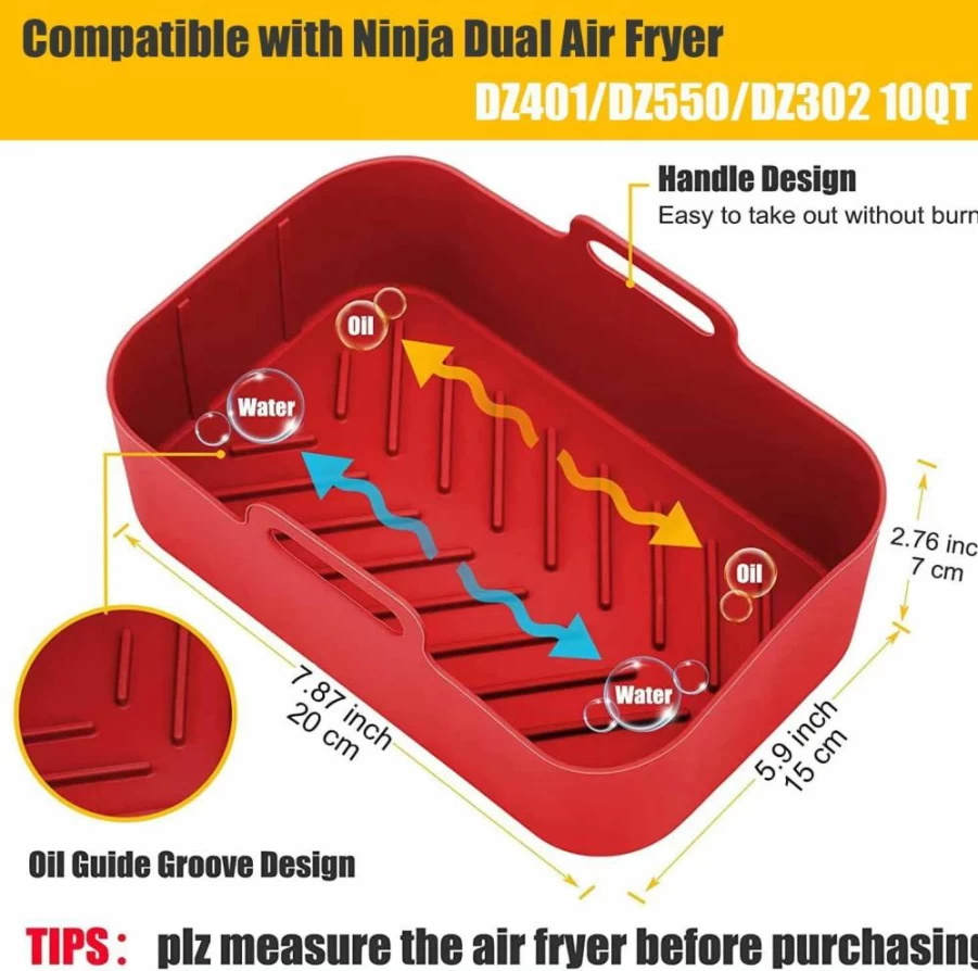 2Pcs MMH Non-Stick Air Fryer Silicone Liners, Reusable Rectangular Baking Basket for Ninja Foodi 6Qt/8Qt, Dual Dz201/Dz090/SL201, Dishwasher Safe & Easy Clean, BPA-Free Gray Accessories