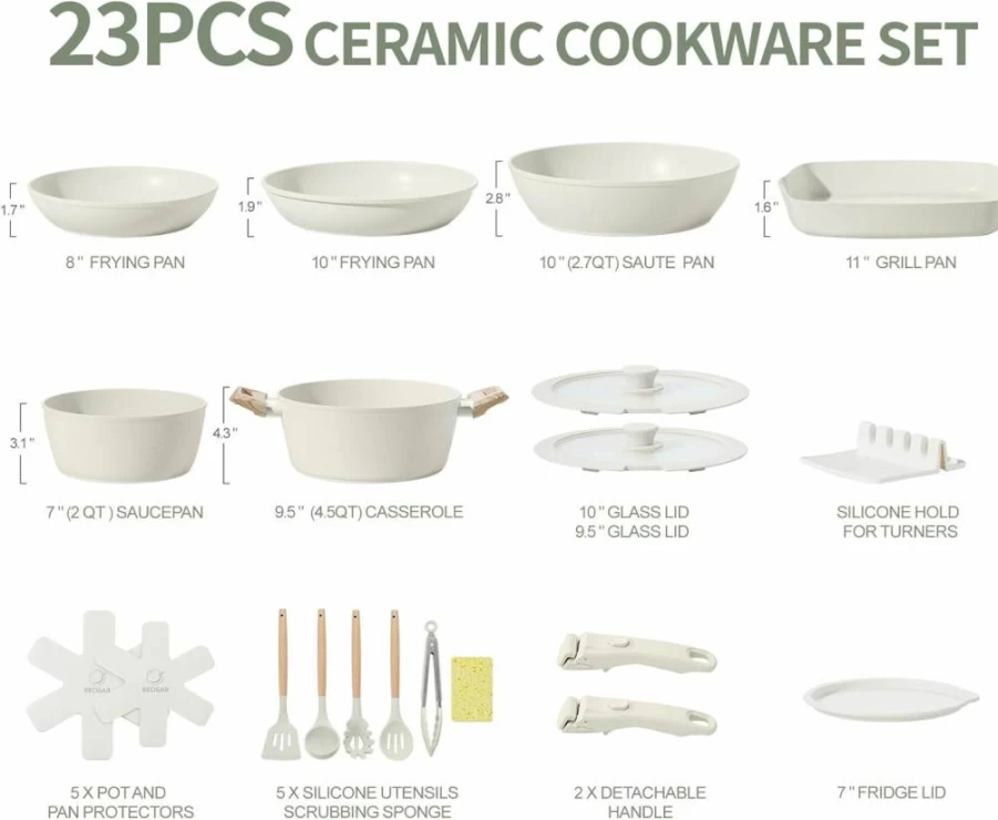 BECIGAR 23-Piece Nonstick Ceramic Cookware Set, Detachable Handle Induction Pots and Pans, Oven Safe Stackable Kitchen Set with Frying Pans & Saucepans
