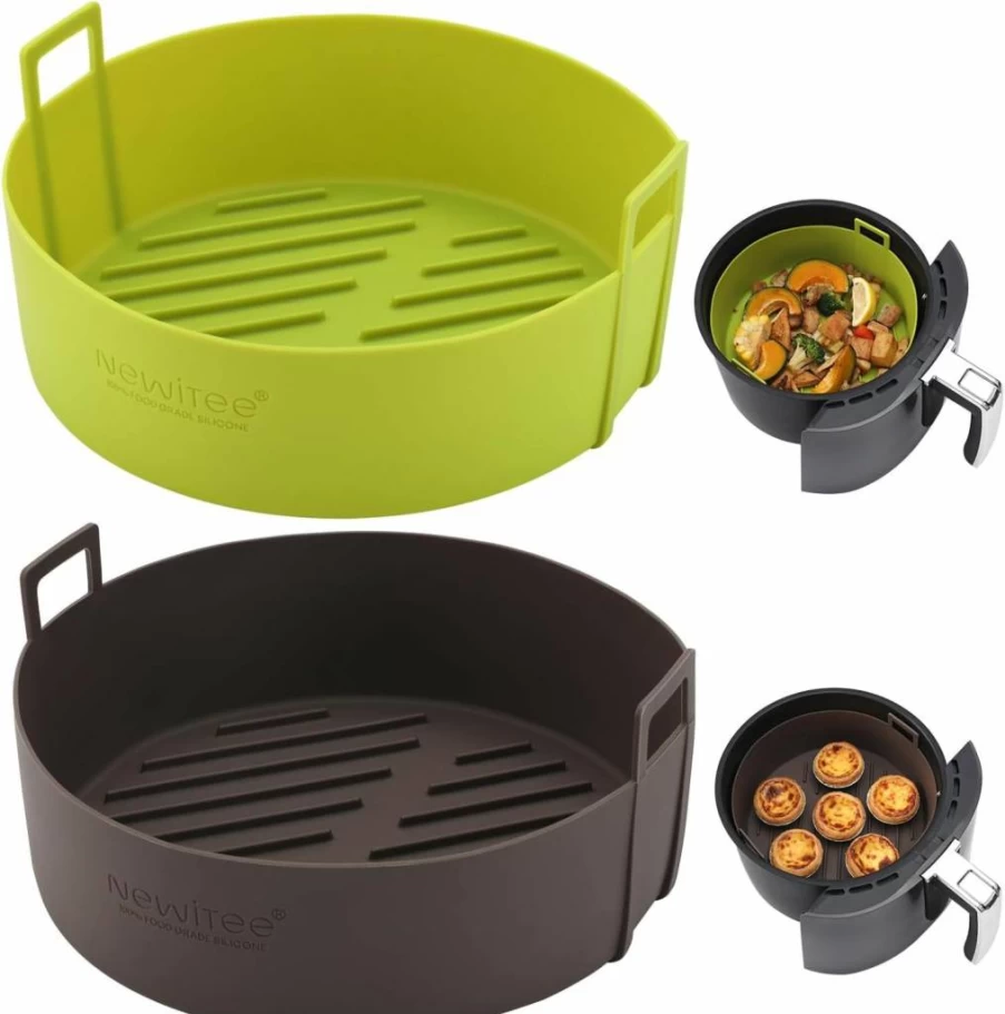 NEWITEE 4 Qt Air Fryer Silicone Liners 2 Pack, BPA Free Reusable Round Basket Liners with Handle, Compatible with Ninja AF101 & Other Air Fryer Models