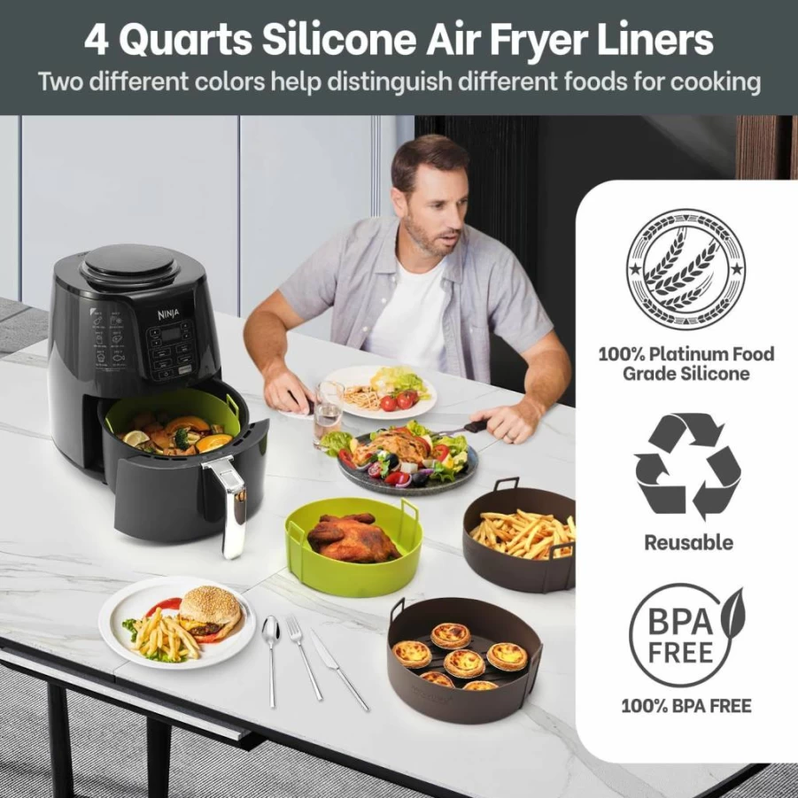 NEWITEE 4 Qt Air Fryer Silicone Liners 2 Pack, BPA Free Reusable Round Basket Liners with Handle, Compatible with Ninja AF101 & Other Air Fryer Models