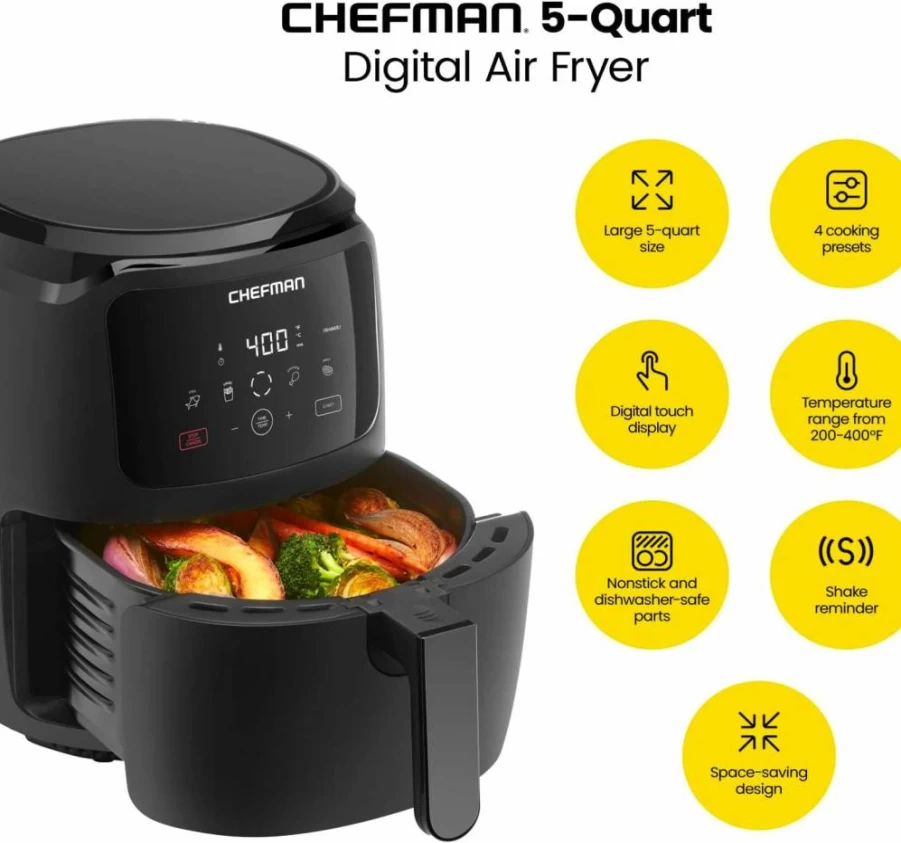Chefman 5 Qt Digital Air Fryer with One-Touch Presets for Fries, Chicken, Meat & Fish, Nonstick & Dishwasher Safe, Auto Shutoff, Family Size, Black