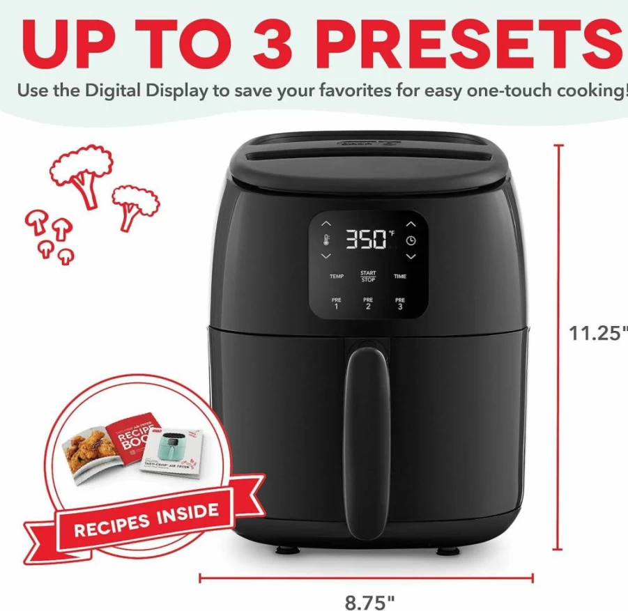 DASH 2.6 Qt. Red Electric Air Fryer Oven - Compact, 1000W, Digital Controls, Auto Shut Off, Healthy Cooking for Small Spaces