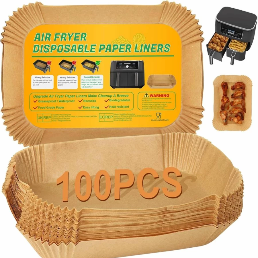 BYKITCHEN 100PCS Air Fryer Disposable Paper Liners, Compatible with Ninja DZ201/DZ401/DZ550/SL401 & More, Non-Stick Rectangle Parchment Sheets for Dual Basket Air Fryers