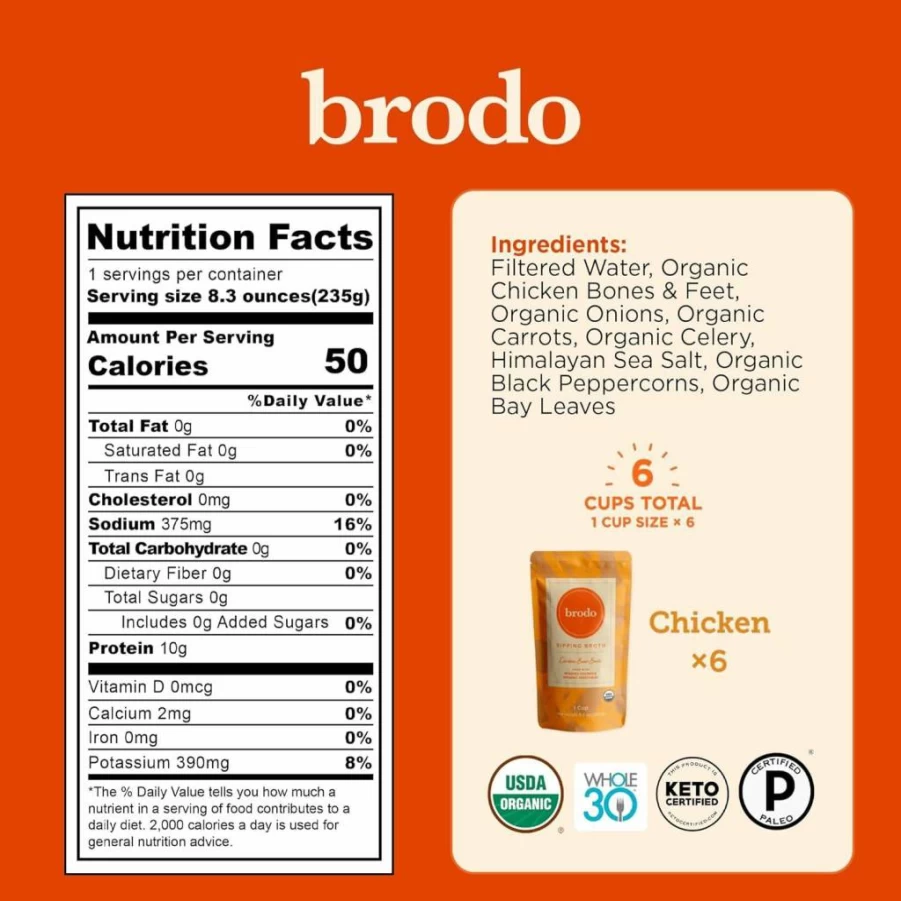 Brodo Bone Broth Variety Pack - 6 Single Serve Pouches (Chicken, Hearth, Deeply Rooted, Spicy Nonna, Tom Yum, Tuscan Sun) | No Preservatives, Not From Concentrate | 8.3 Oz Each