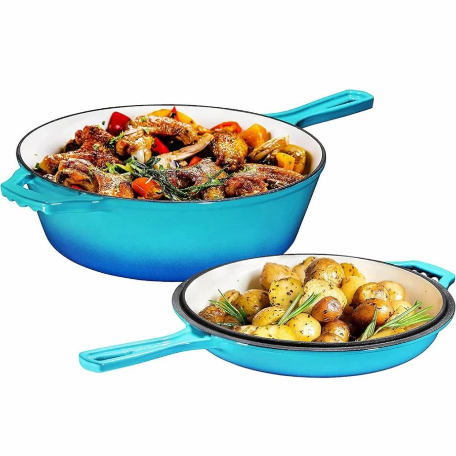 Bruntmor 3Qt Enameled Cast Iron Dutch Oven & Skillet Combo, Caribbean Blue – 2-in-1 Braiser, Casserole & Slow Cooker with Lid